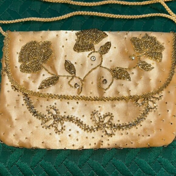 Valerie Stevens Gold Satin Envelope Bag with Beaded Design - Vintage - Picture 3 of 9